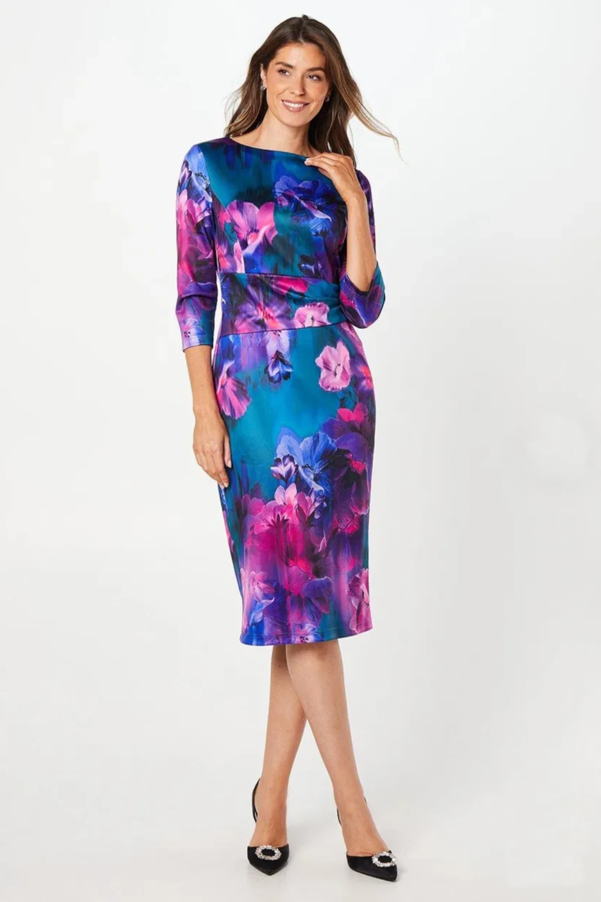 Luna and Bloom Press page image of female model in blue and purple floral dress